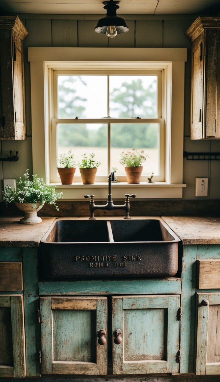 A vintage iron sink sits in the center of a rustic farmhouse kitchen, surrounded by aged wooden cabinets and a worn, weathered countertop