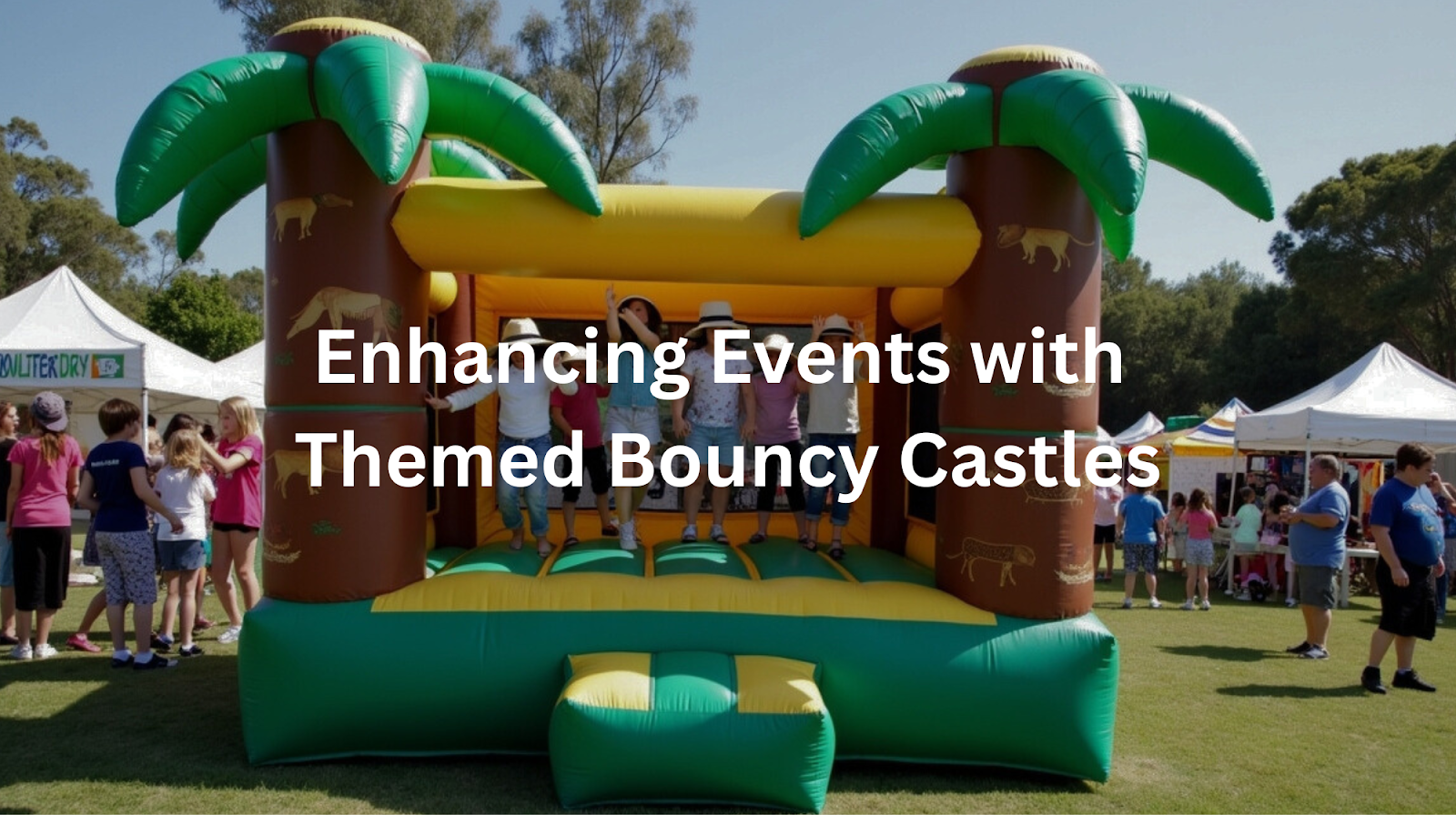 Rental-ready inflatable jungle-inspired bouncy castle with palm trees and animal motifs, providing entertainment for a group of children at a lively outdoor festival or party setting.