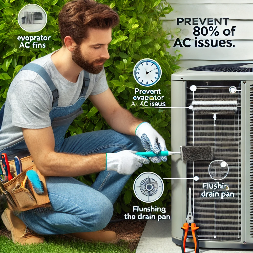 Technician performing routine AC maintenance, vacuuming fins, flushing the drain pan, and trimming shrubs around the condenser.