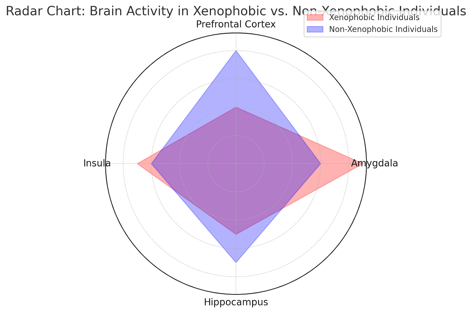 Radar chart comparing brain activity in xenophobic vs. non-xenophobic individuals across key regions.