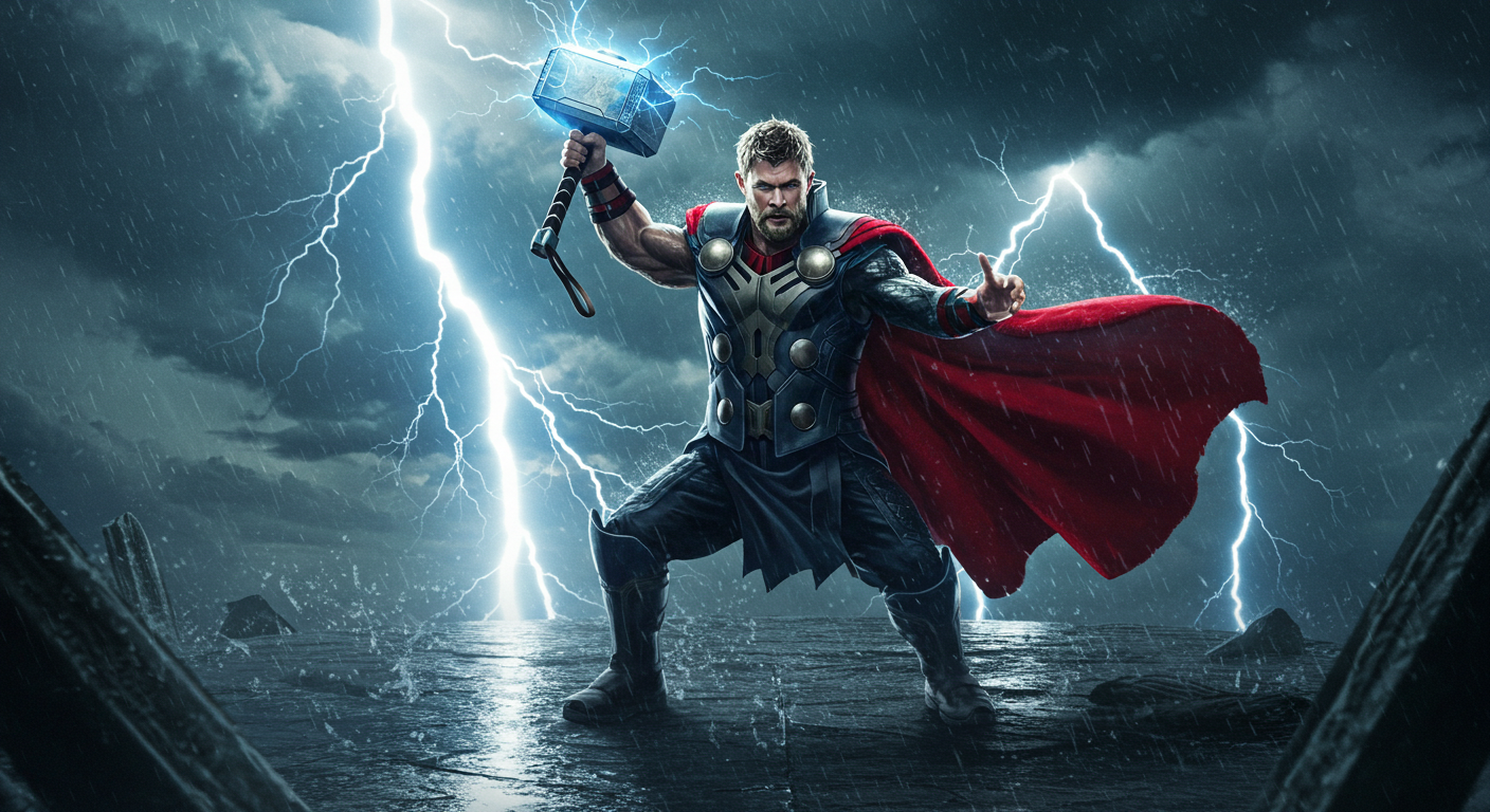 Thor, o deus nórdico do trovão, com Mjölnir e raios ao fundo.