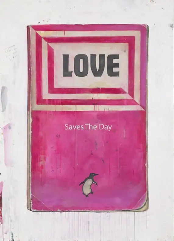 In this painting for peace, Love Saves The Day, Harland Miller created a worn pink Penguin book cover with text and a penguin.