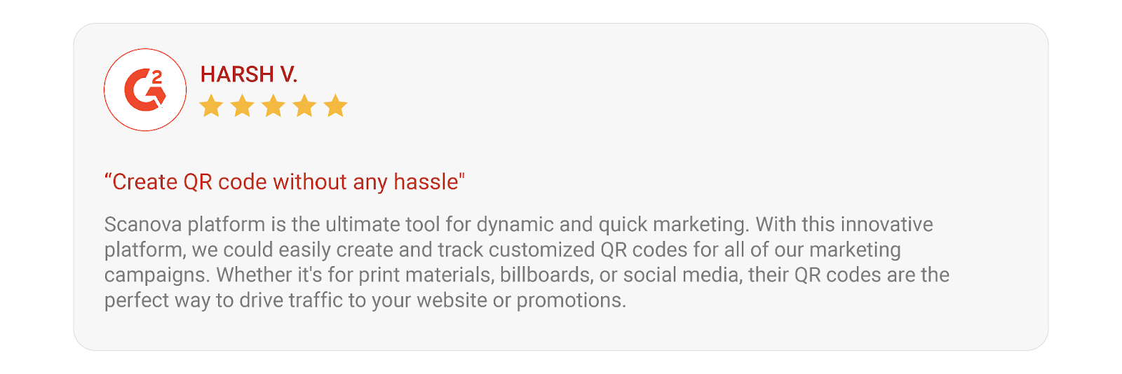 G2 Testimonial that says Scanova is an ultimate tool for dynamic and quick marketing.