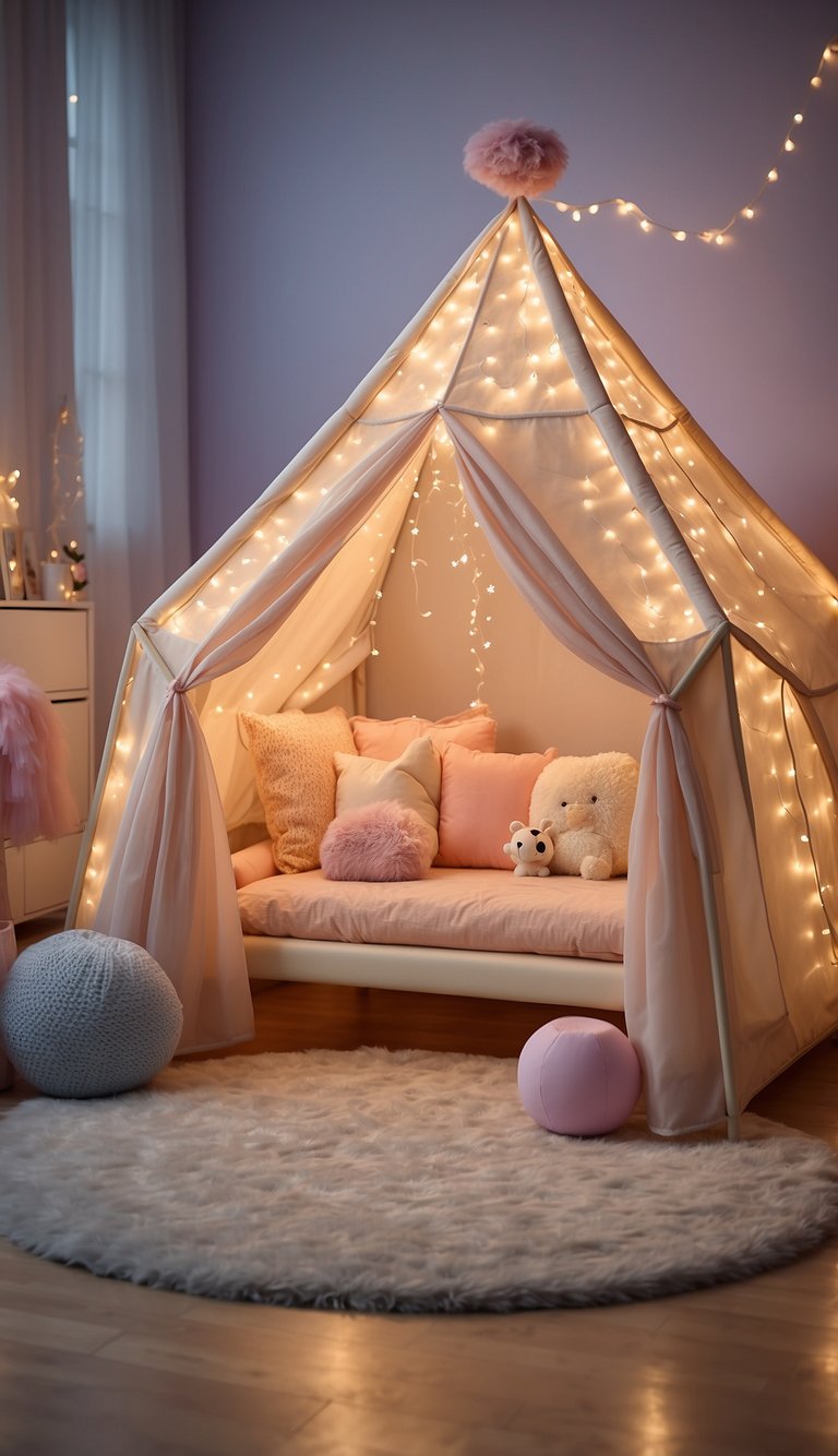 A castle play tent stands in a whimsical princess bedroom, surrounded by glittering fairy lights and soft pastel colors