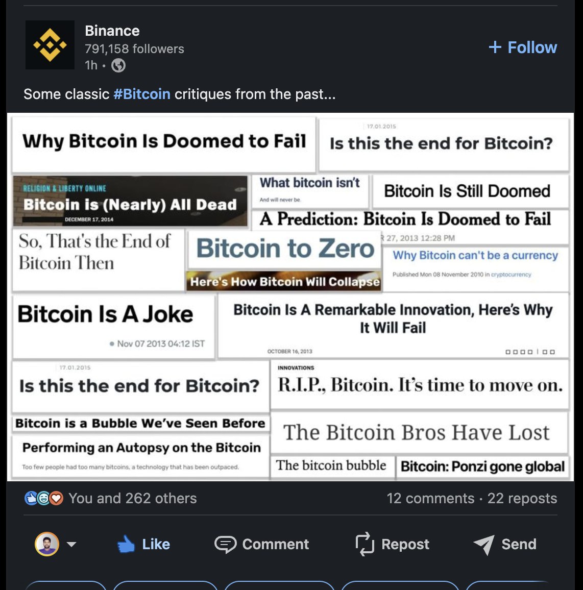 Collage of past headlines criticizing Bitcoin, predicting its failure with phrases like 'Why Bitcoin is Doomed to Fail,' 'Bitcoin is a Joke,' and 'Bitcoin to Zero,' showcasing skepticism and doubts about Bitcoin's viability over the years.