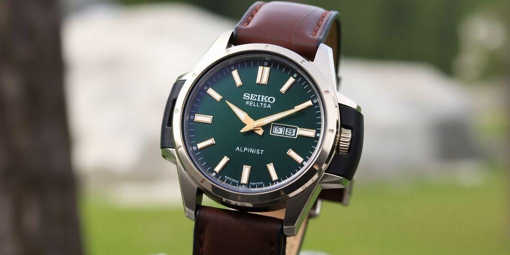 Seiko Alpinist watch with green dial and leather strap.