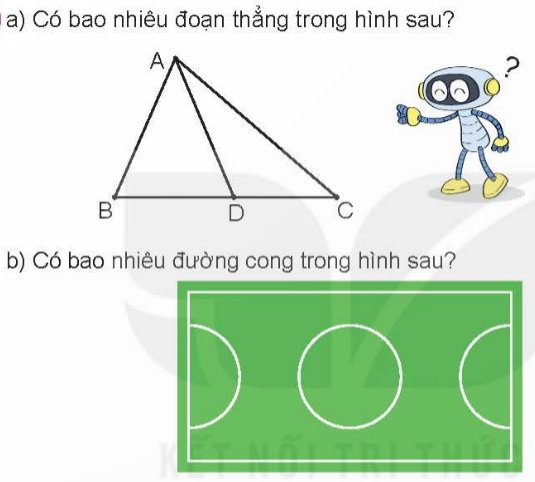 BÀI 72 ÔN TẬP HÌNH HỌCI.LUYỆN TẬP 1Câu 1: Đáp án chuẩn:a) Có 6 đoạn thẳngb)  Có 3 đường cong.Câu 2: Có bao nhiêu hình tứ giác trong hình sau? Đáp án chuẩn:Có 3 hình tứ giác.Câu 3: Hình nào là khối trụ? Hình nào là khối cầu? Đáp án chuẩn:Hình B là khối trụ.Hình E là khối cầu.Câu 4: Vẽ hình (theo mẫu). Đáp án chuẩn:Câu 5: Nêu tên ba diểm thẳng hàng trong mỗi hình sau:               Hình1                                                  Hình 2                                   Rô-bốt đã trồng 5 cây thành 2 hàng, sao cho mỗi hàng có 3 cây như sau: Em hãy tìm cách trồng 7 cây thành 3 hàng, sao cho mỗi hàng có 3 câyĐáp án chuẩn:a)  Hình 1: Nhóm 3 điểm thẳng hàng (A, E, B) ; (A, G, C) ; (B, H, C).     Hình 2: Nhóm 3 điểm thẳng hàng (M, O, P) ; (N, O, Q). b) II.LUYỆN TẬP 2