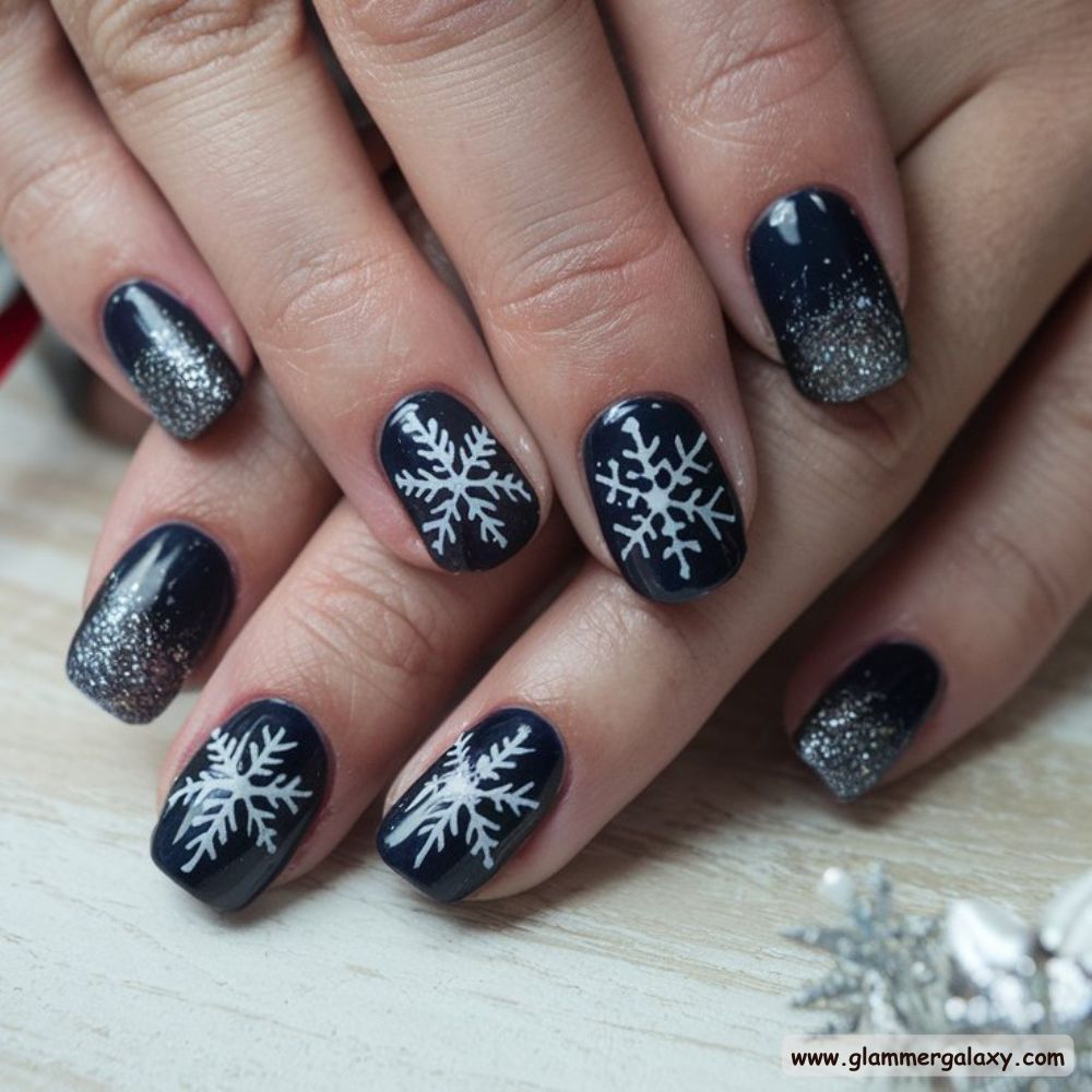 Dark Winter Nails having Midnight Blue and Twinkles

