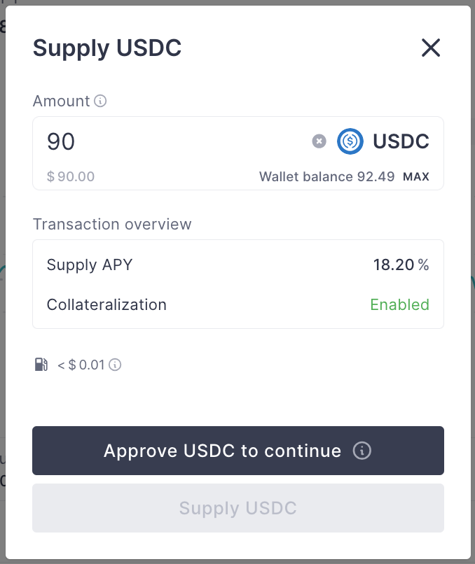 Interface du dépôt d'USDC sur Aave v3