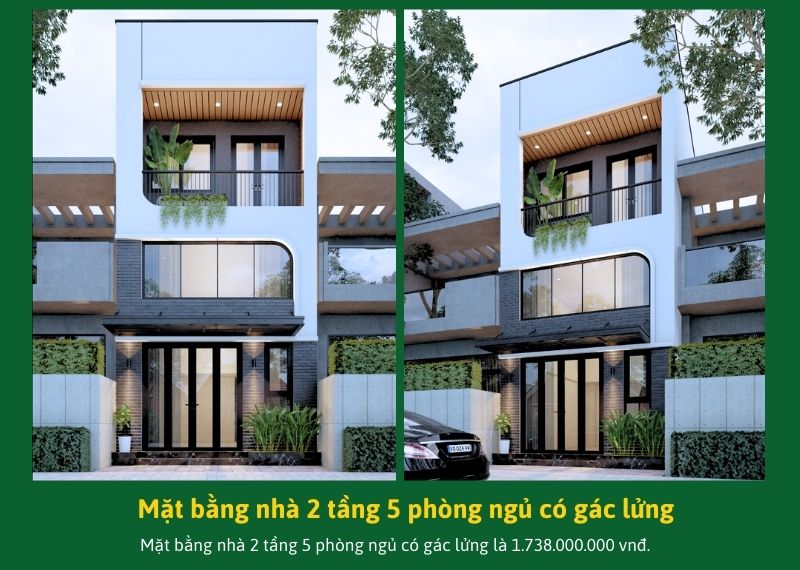 Mặt bằng nhà 2 tầng 5 phòng ngủ có gác lửng Xây dựng Nhất Tín