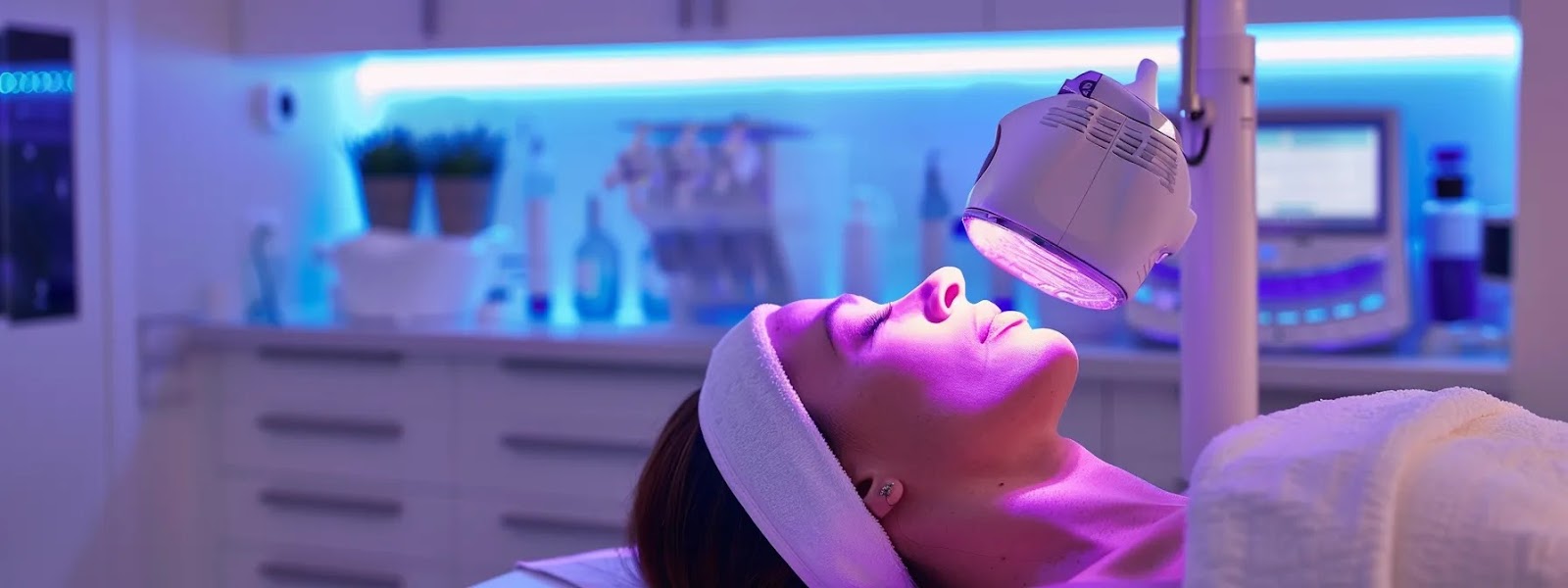 a serene clinical treatment room bathed in soft, diffused light, showcasing a woman peacefully undergoing a radiofrequency skin tightening session, with glowing skin and subtle technological equipment in the background symbolizing rejuvenation and health.