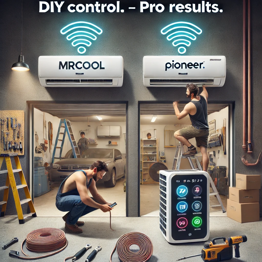 Two DIYers compare MrCool and Pioneer mini-split units in a bright garage setup, with tools, line sets, and smart tech features visible.