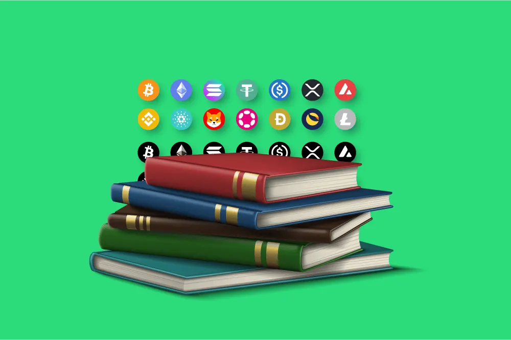 stack of books with bitcoins on green background