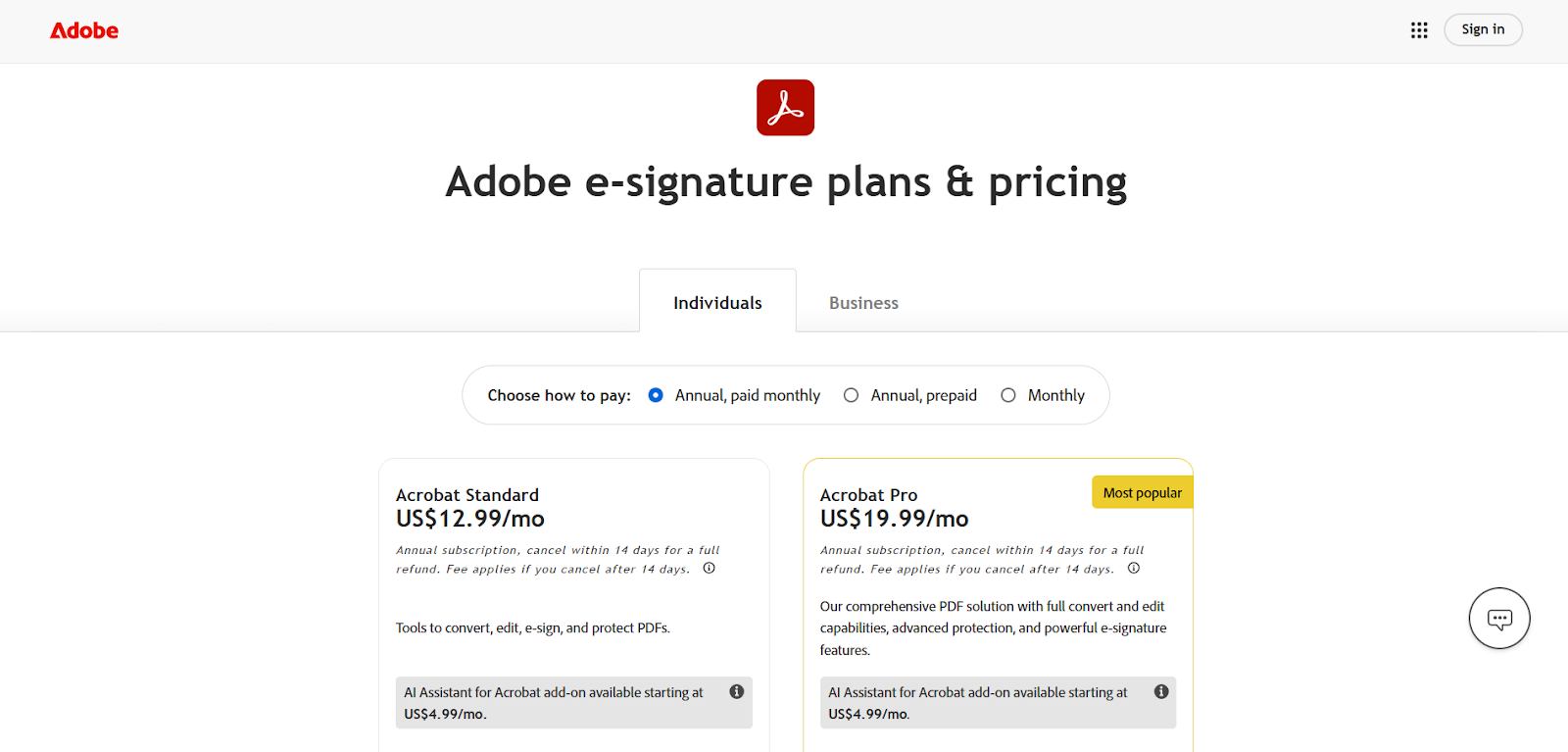 Adobe Acrobat Sign pricing