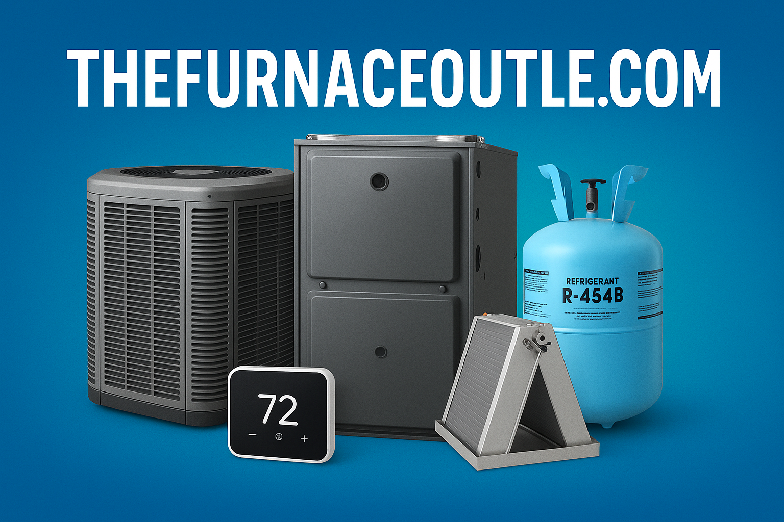 Digital ad showing a 16+ SEER2-compatible HVAC system including a heat pump, gas furnace, A-coil, R-454B refrigerant tank, and a smart thermostat, with THEFURNACEOUTLET.COM branding—promoting energy savings and smart upgrades.