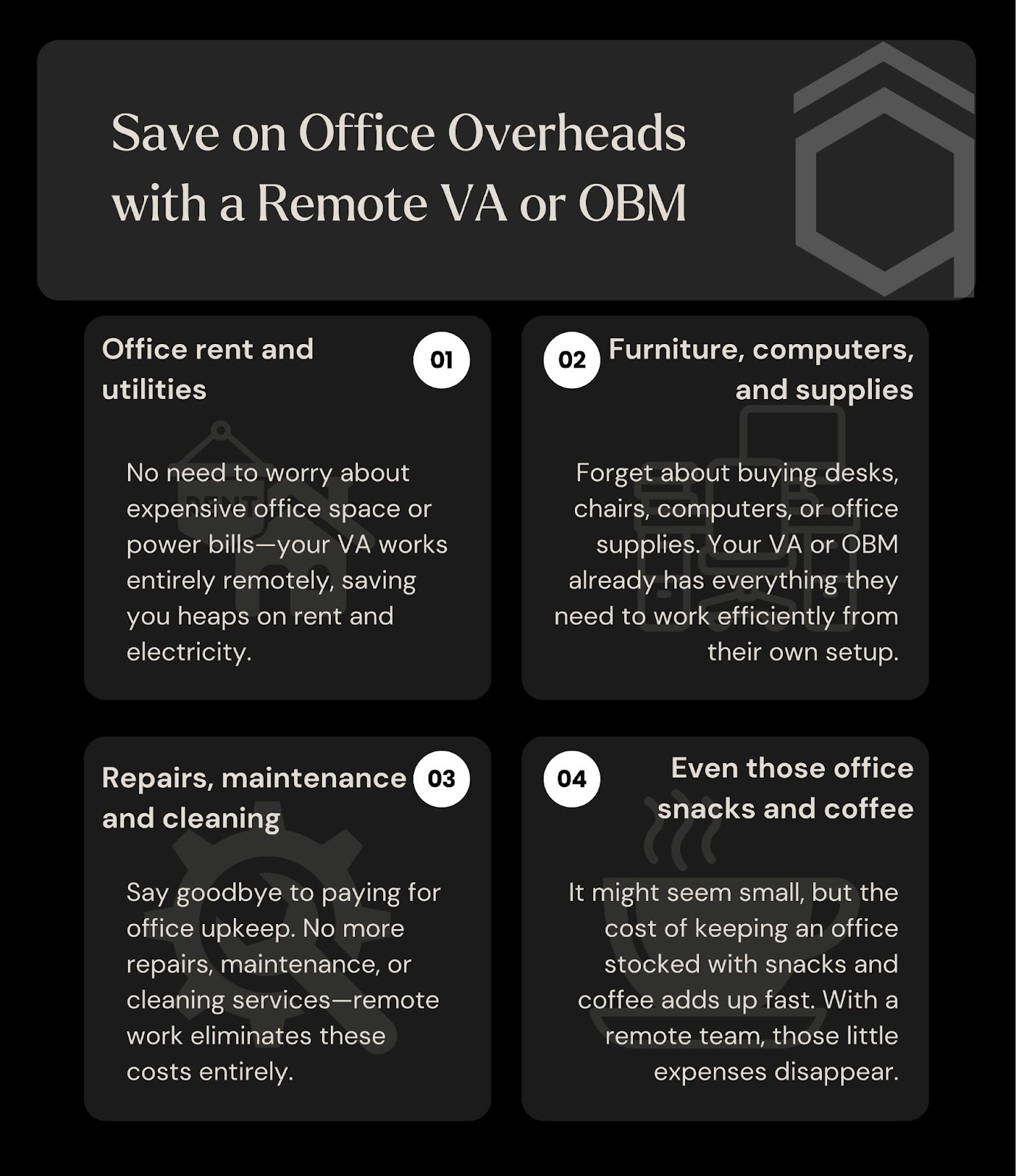 Infographic showing four ways to save money on office overheads with a remote VA or OBM, including office rent, utilities, furniture, supplies, and cleaning costs.
