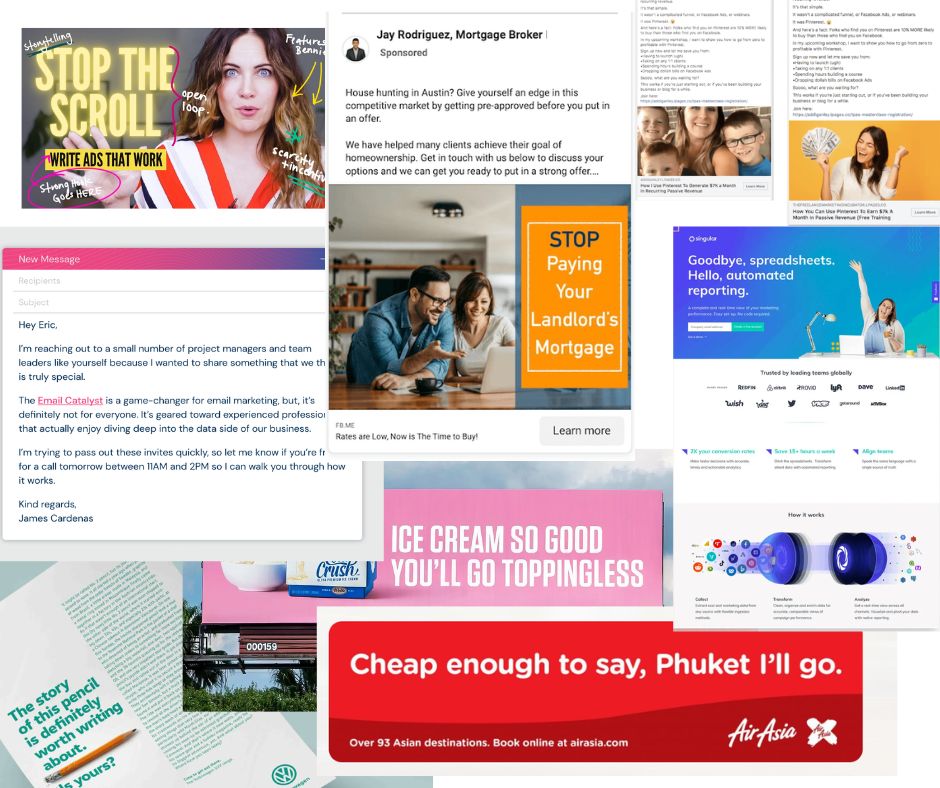 Types of copywriting ad copy, emails, landing pages, social media ads.