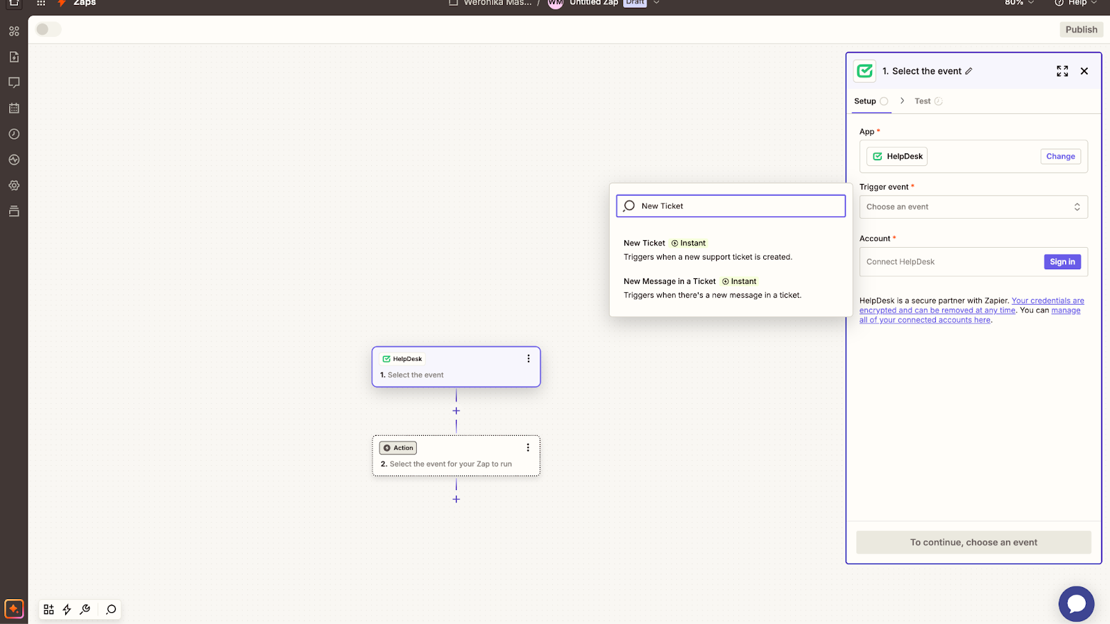 Choosing trigger event to integrate HelpDesk with Zapier.