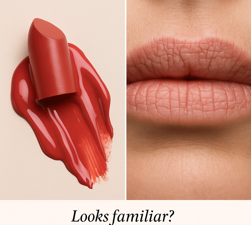 Side-by-side of cracked lips and smudged lipstick – highlights common lipstick struggles for dry lips and need for hydrating formulas.