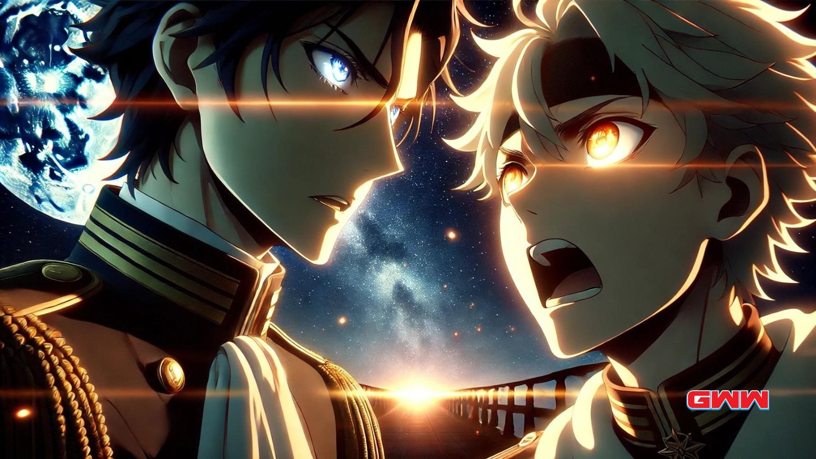 Two anime characters facing off under a starry sky with intense expressions