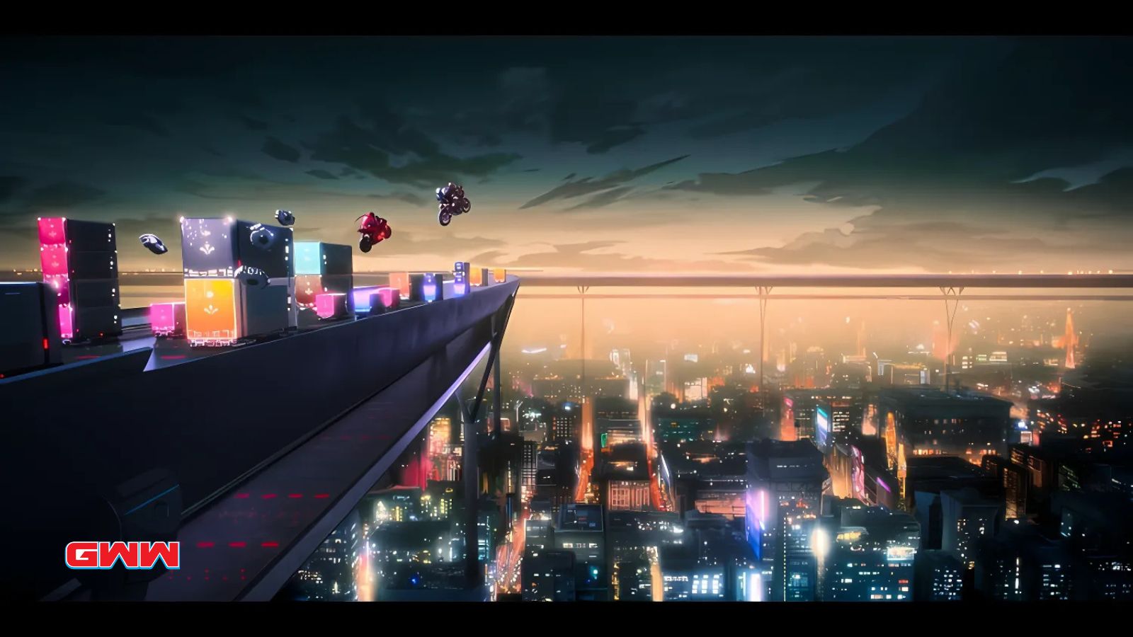 Two bikers jump over futuristic highway with city skyline in background.