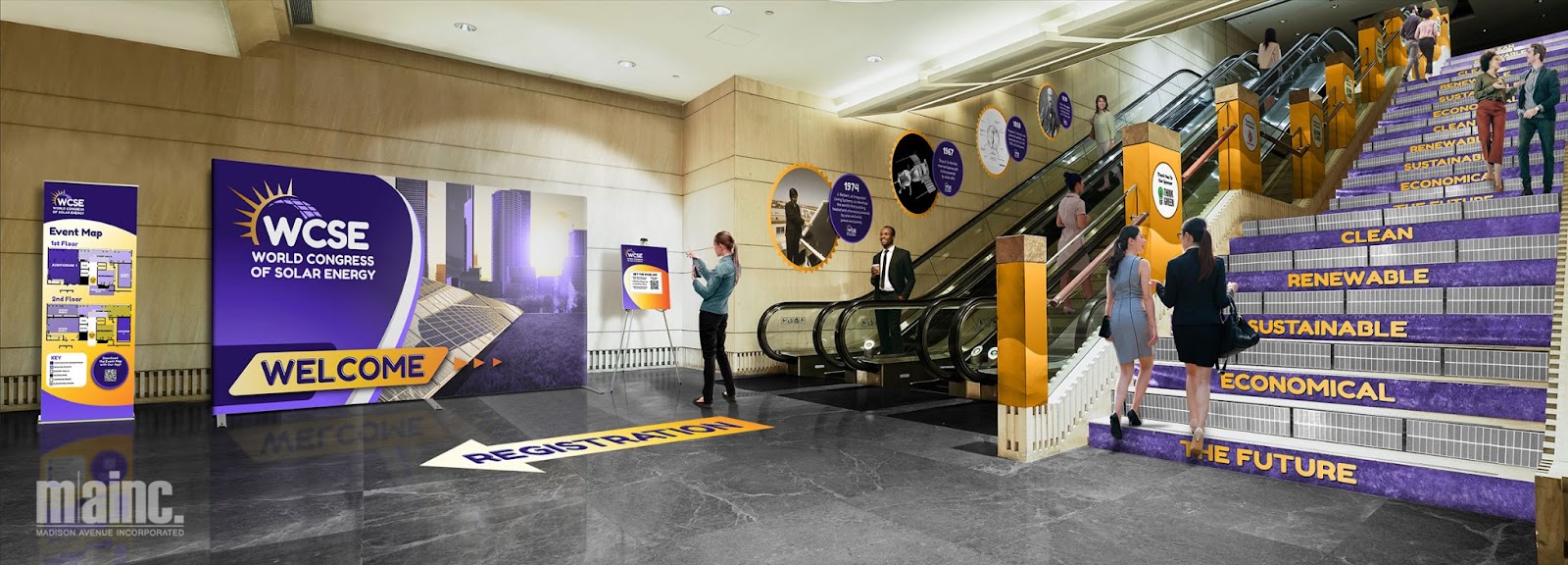 The interior of a bustling meeting venue.  A woman snaps a photo of a 10' wide display while in the background people walk up and down stairs whose sides are branded with wall decals advertising the host company's values "Clean, renewable, economical, sustainable, the future"