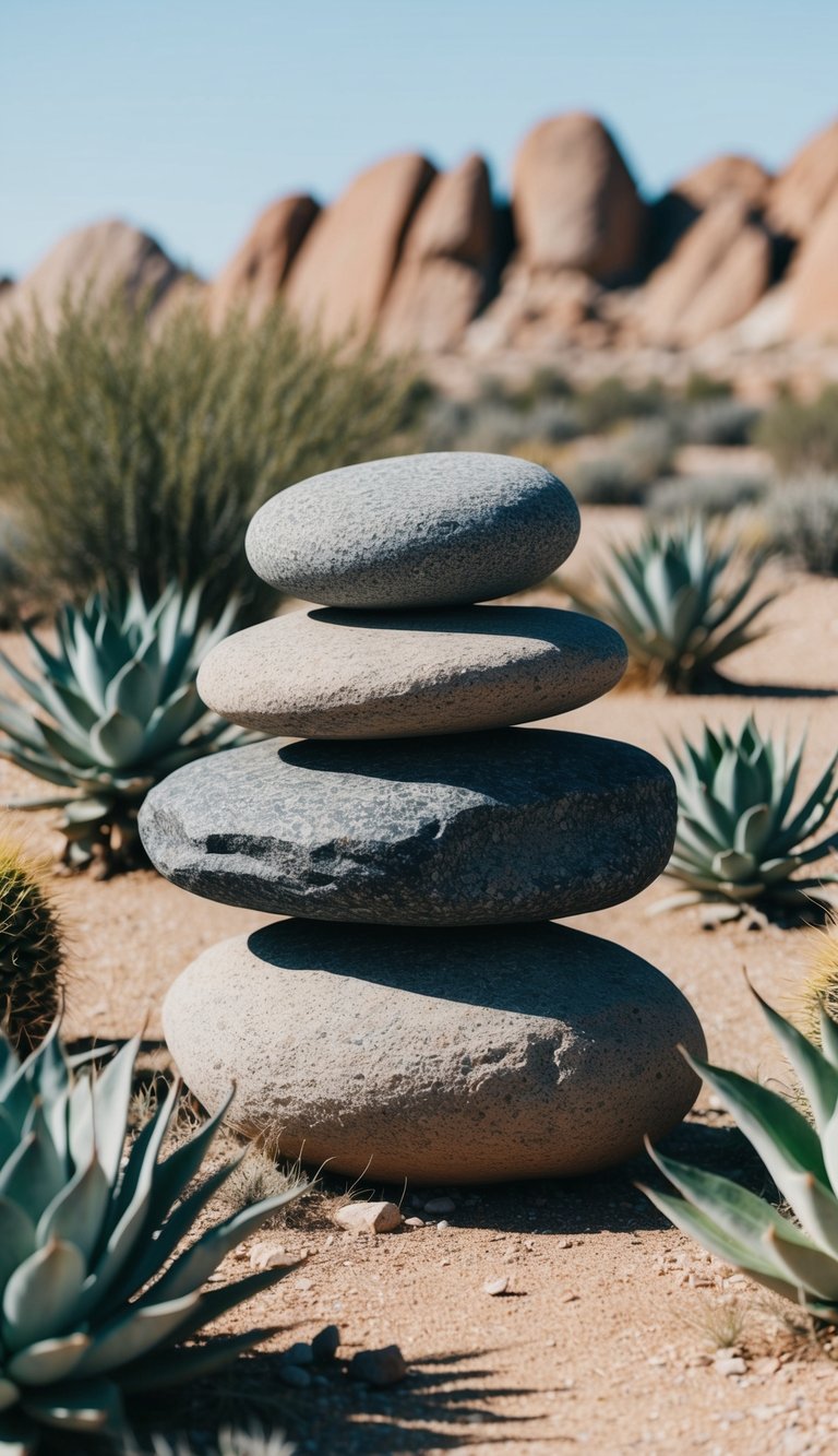 A cluster of large rocks arranged in a dry, arid landscape, surrounded by drought-tolerant plants and succulents