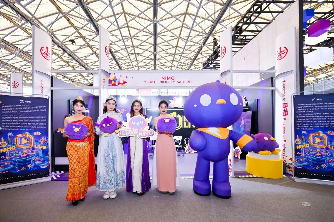 A group of women standing in a line with purple characters

Description automatically generated