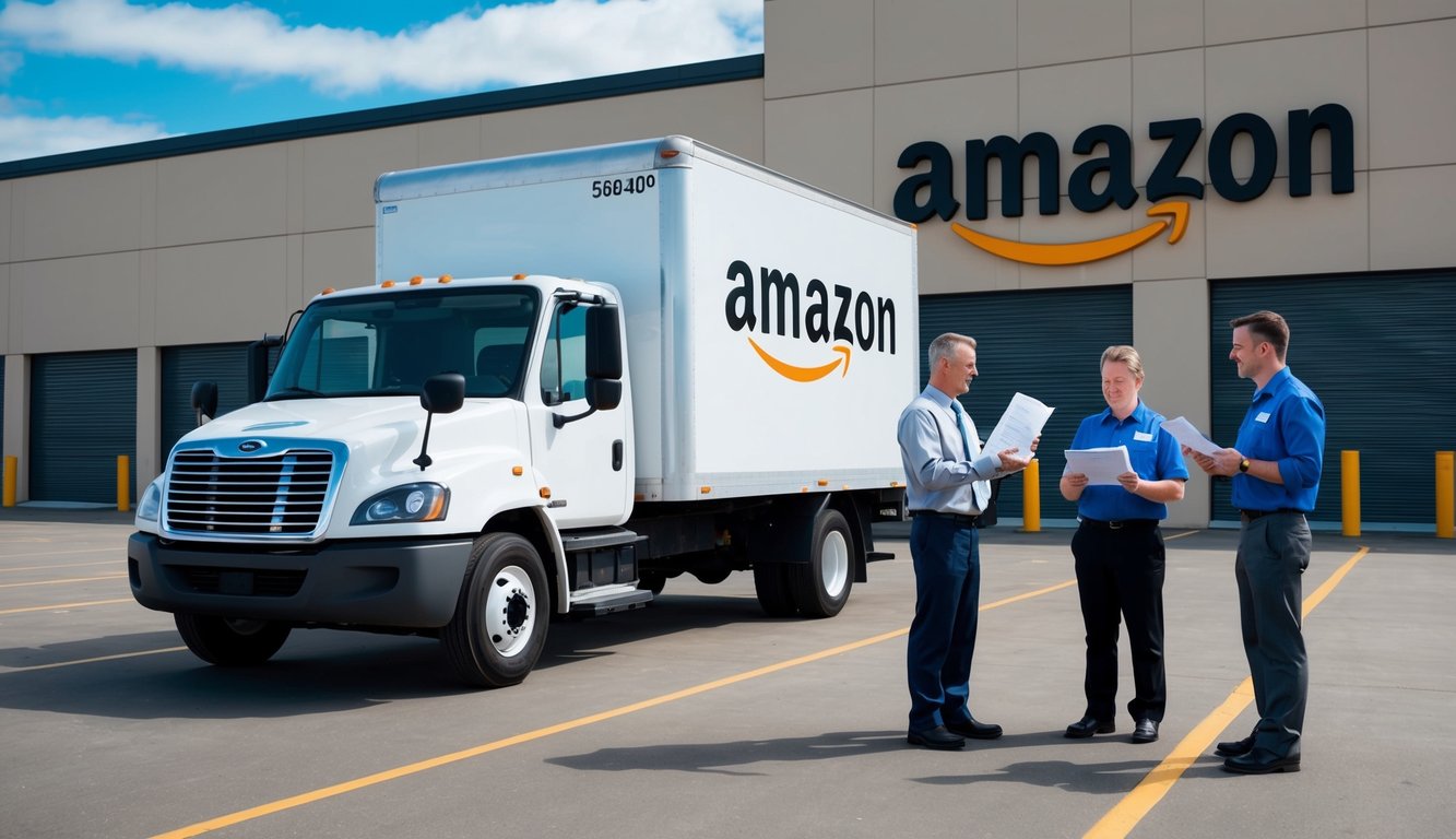 A delivery truck parked in front of an Amazon warehouse, with the driver holding up insurance paperwork to a staff member