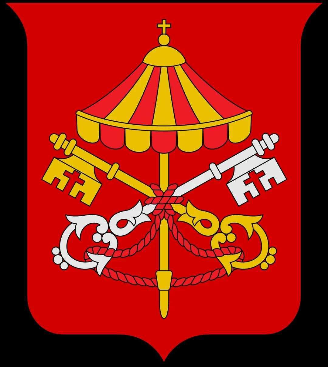 A red and yellow emblem with keys and anchor Description automatically generated