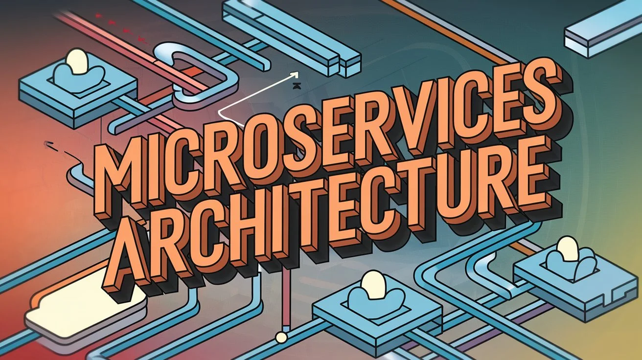 Illustration of microservices architecture with interconnected services in a cloud environment, featuring the bold title "Microservices Architecture