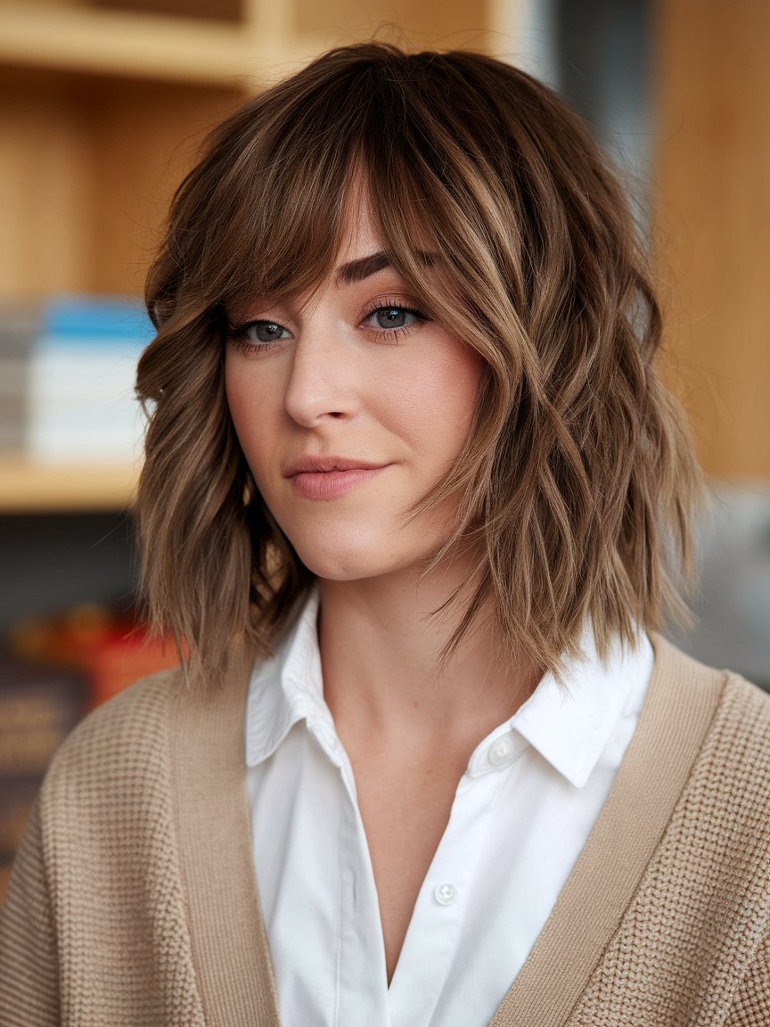 1. Jaw-Length Shaggy Haircut with Side Bangs