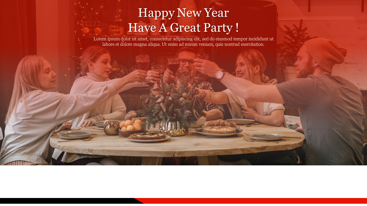 New Year celebration slide featuring friends toasting at a decorated table, red overlay, and festive greeting text.