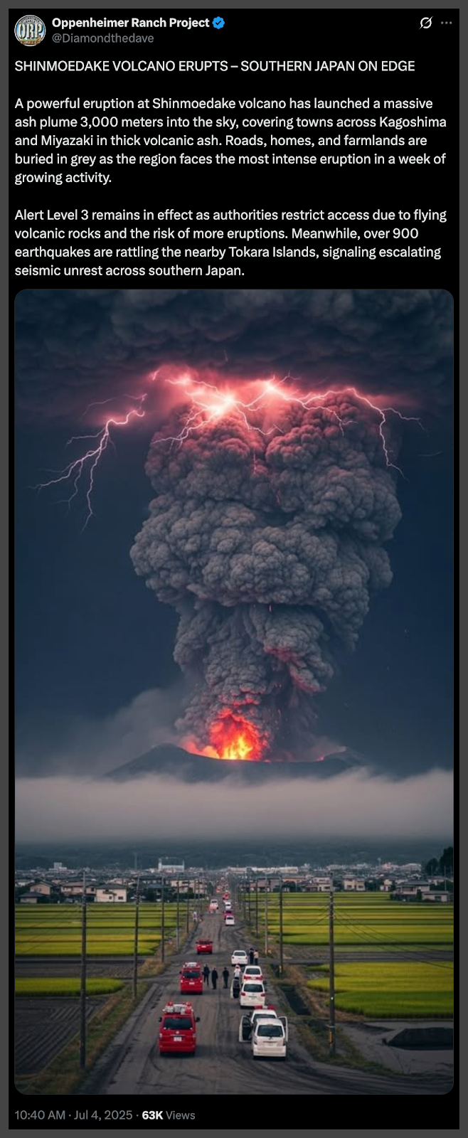 A volcano erupting with lightning

Description automatically generated