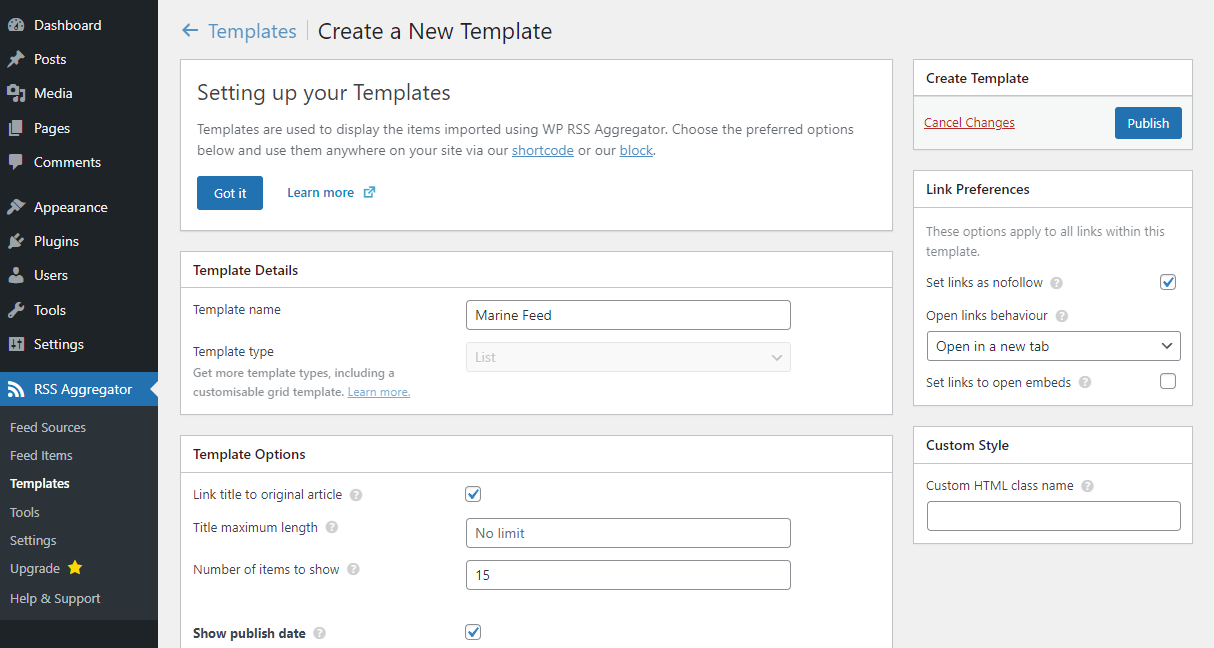 Templates Settings in WP RSS Aggregator