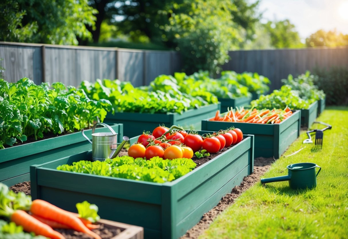 A sunny backyard with rows of raised garden beds filled with vibrant vegetables like tomatoes, carrots, and lettuce. A watering can and gardening tools are scattered nearby