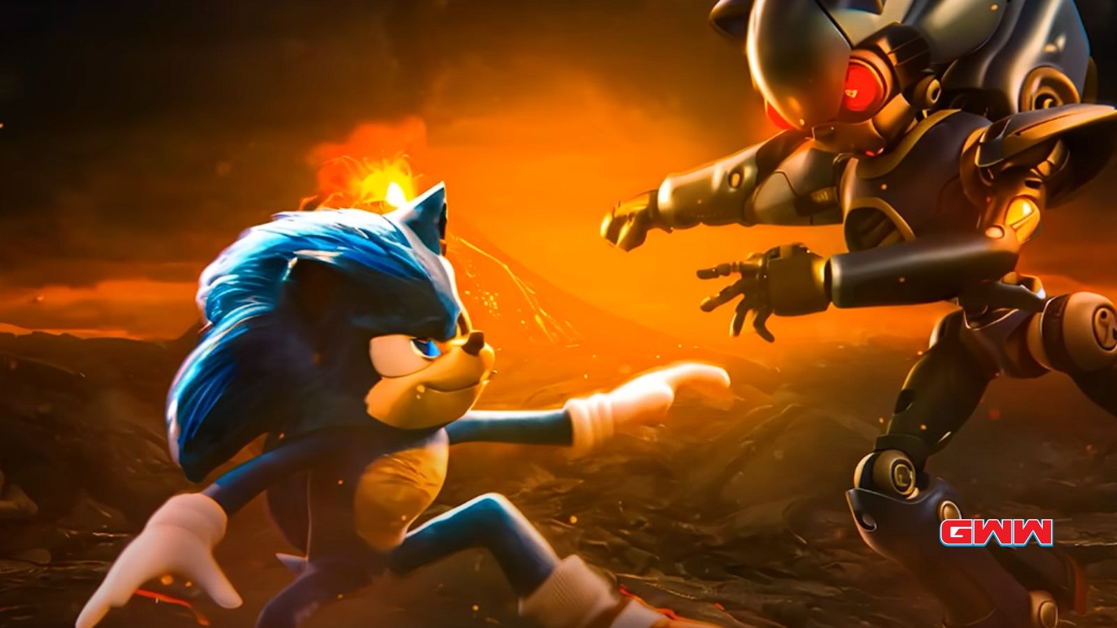 Sonic fighting a robotic enemy in a fiery background.