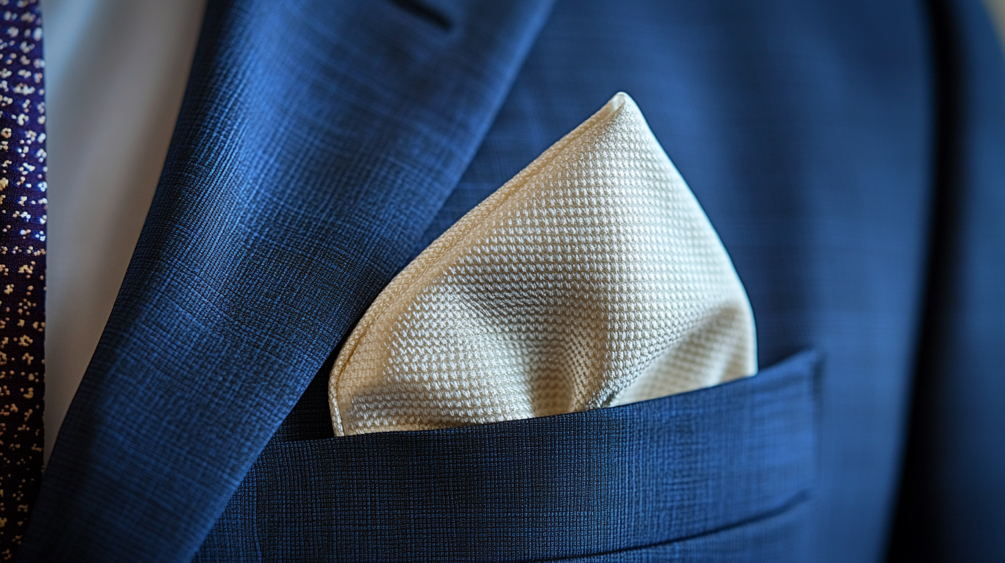 A neatly folded white pocket square placed inside the breast pocket of a navy blue suit jacket, with a smooth silk texture and subtle stitching details, set against a soft, neutral background. Alternative versions include a patterned pocket square in deep purple, forest green, or vibrant red, carefully draped beside the jacket for a stylish contrast.