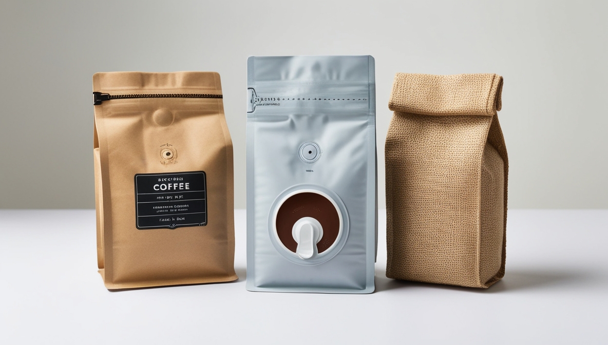 Three different types of coffee bags are lined up on a white surface. The leftmost bag is a brown paper bag with a zipper closure. The middle bag is a silver foil bag with a one-way valve. The rightmost bag is a burlap bag with a folded-over top.