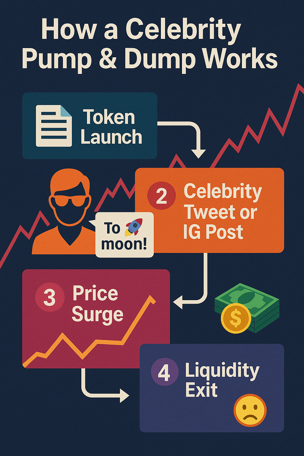 lowchart showing celebrity-driven crypto pump and dump process