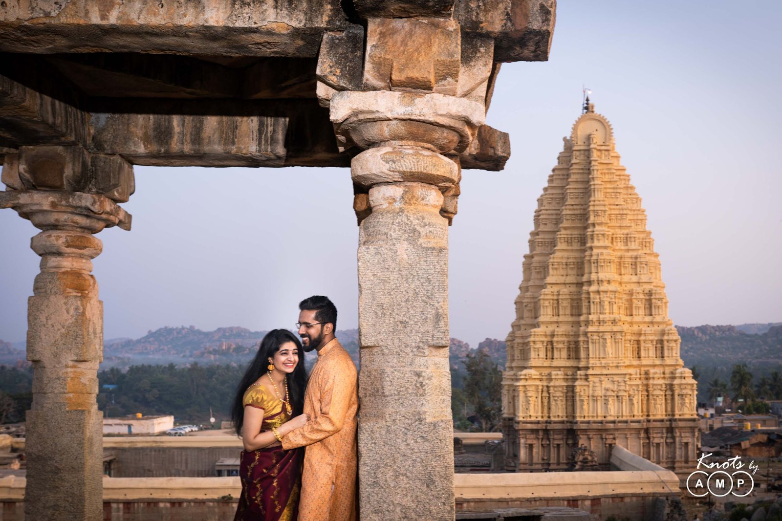 Romantic pre-wedding shoot by a beautiful South Indian temple captured