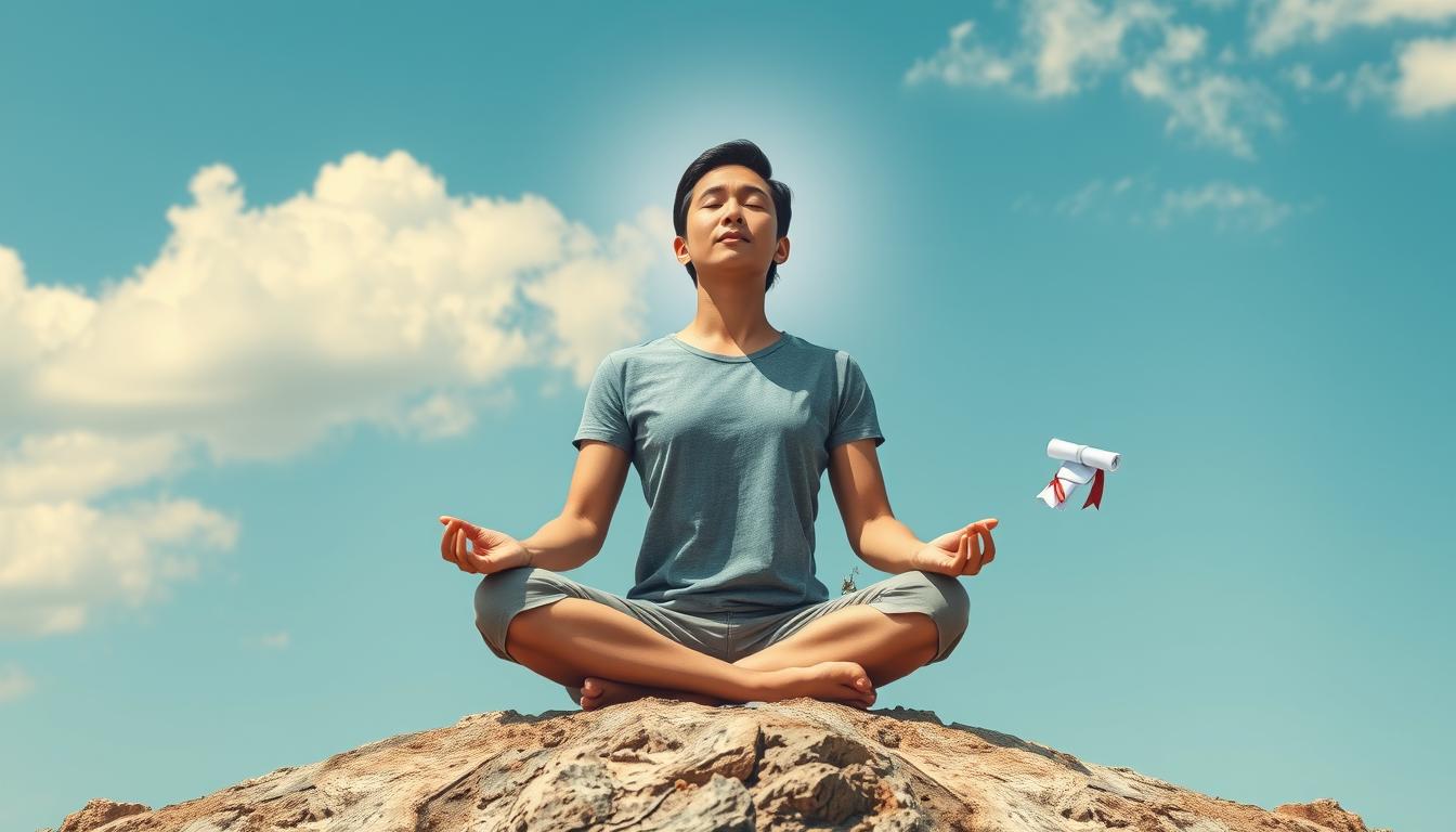 A person sitting cross-legged on a mountain top with their eyes closed, surrounded by a bright aura of light as they visualize their dreams becoming a reality. The person is holding their hands in a mudra formation and their face looks serene and focused. In the foreground, there are small visual representations of their goals, such as a diploma or a travel destination, floating in the air around them. The sky is clear and blue with fluffy clouds passing by.