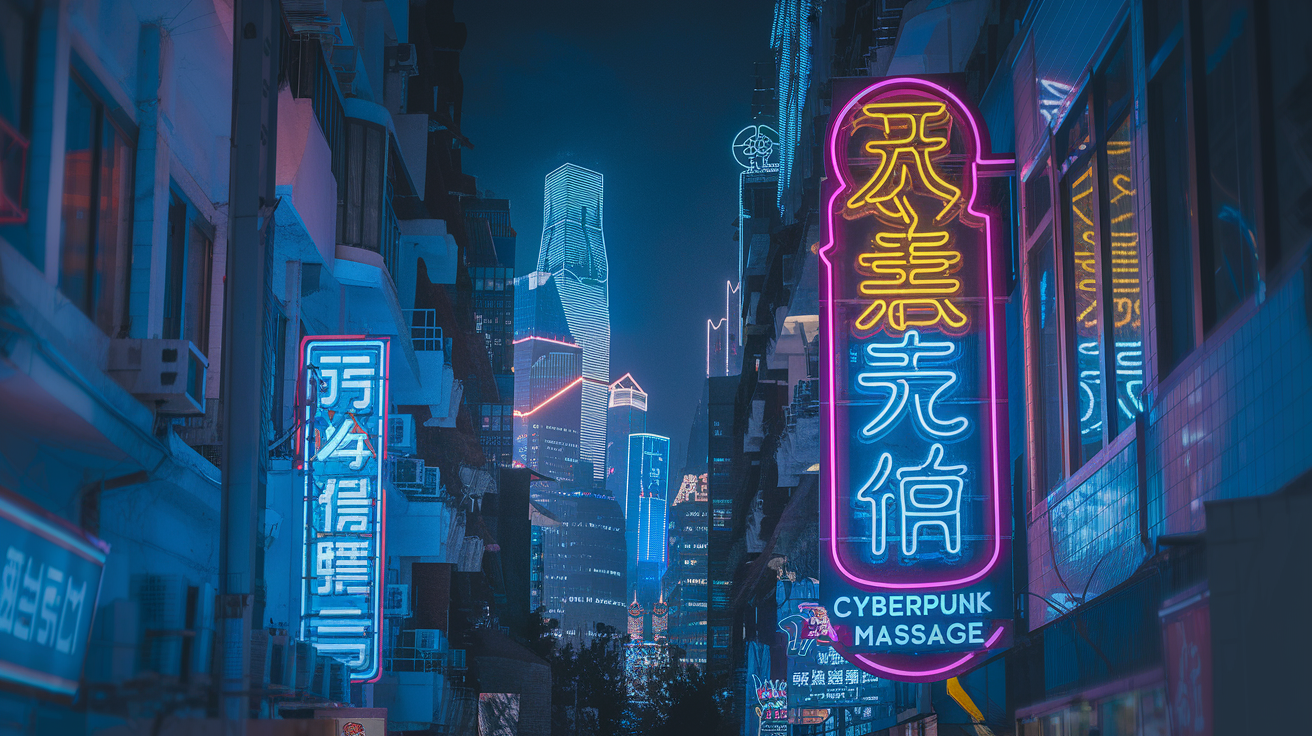 Chongqing Cyberpunk City Neon Hanzi Massage Sign