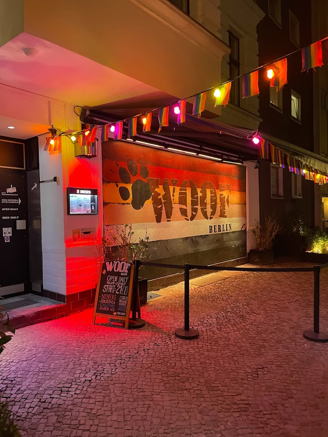 the exterior wall and logo to gay cruising bar in berlin, germany woof