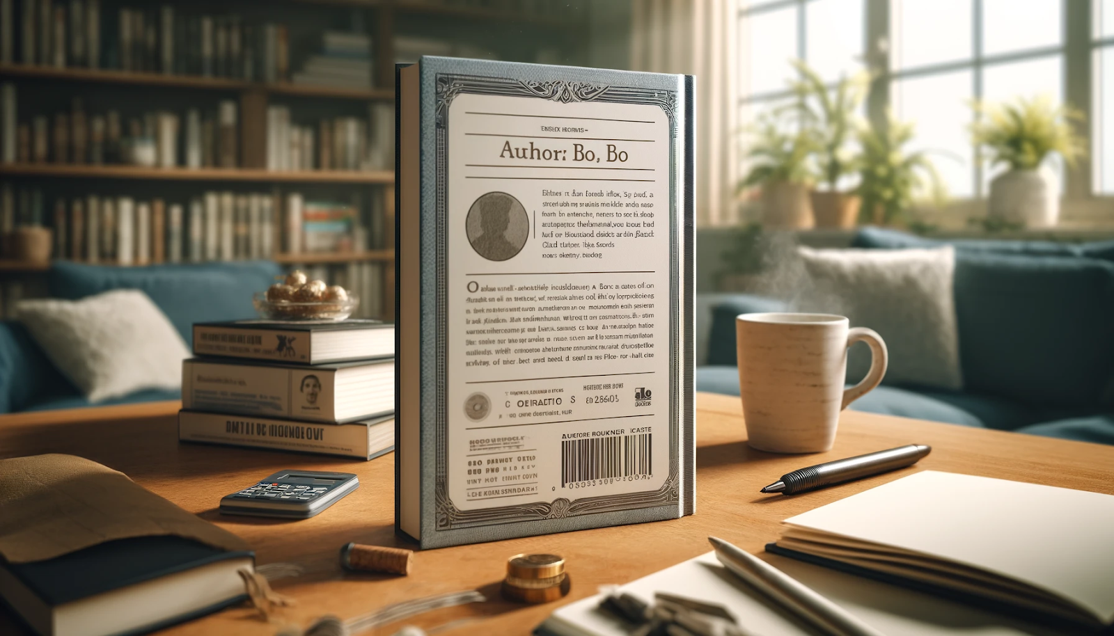 A realistic digital illustration showcasing the back cover of a hardcover book standing upright on a wooden table in a cozy reading nook. The back cover features an elegant design with an author biography section titled 'Author: Bo, Bo,' a small circular author photo placeholder, a book synopsis, and a barcode at the bottom. The surrounding environment includes a coffee cup, a notepad with a pen, scattered coins, a calculator, and neatly stacked books, creating a warm and intellectual atmosphere.