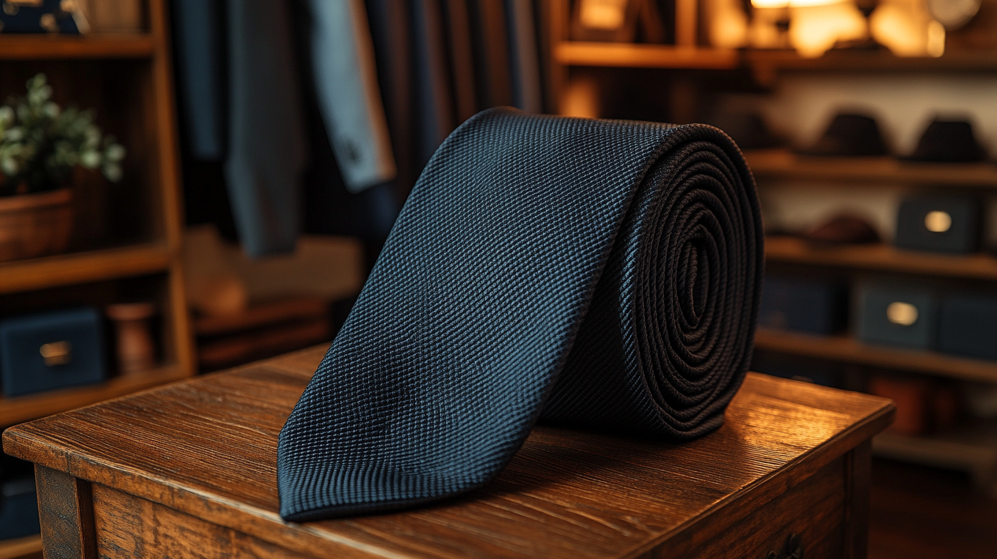 Full view of a deep black tie, neatly folded or draped, smooth texture, deep black color, with a wardrobe full of suits and ties in the background on a shelf, organized and stylish display