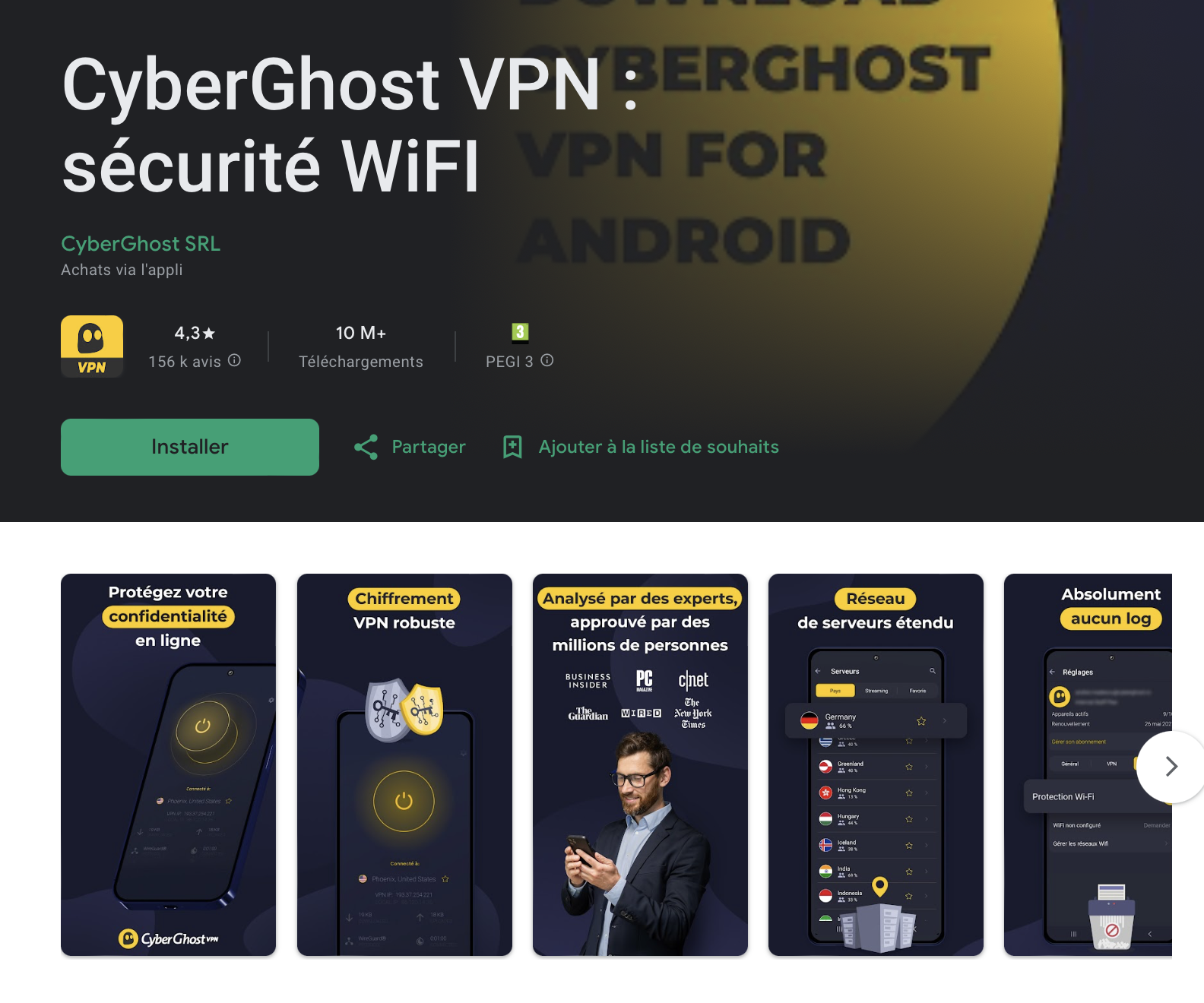 Liste de l'application CyberGhost VPN sur le Google Play Store