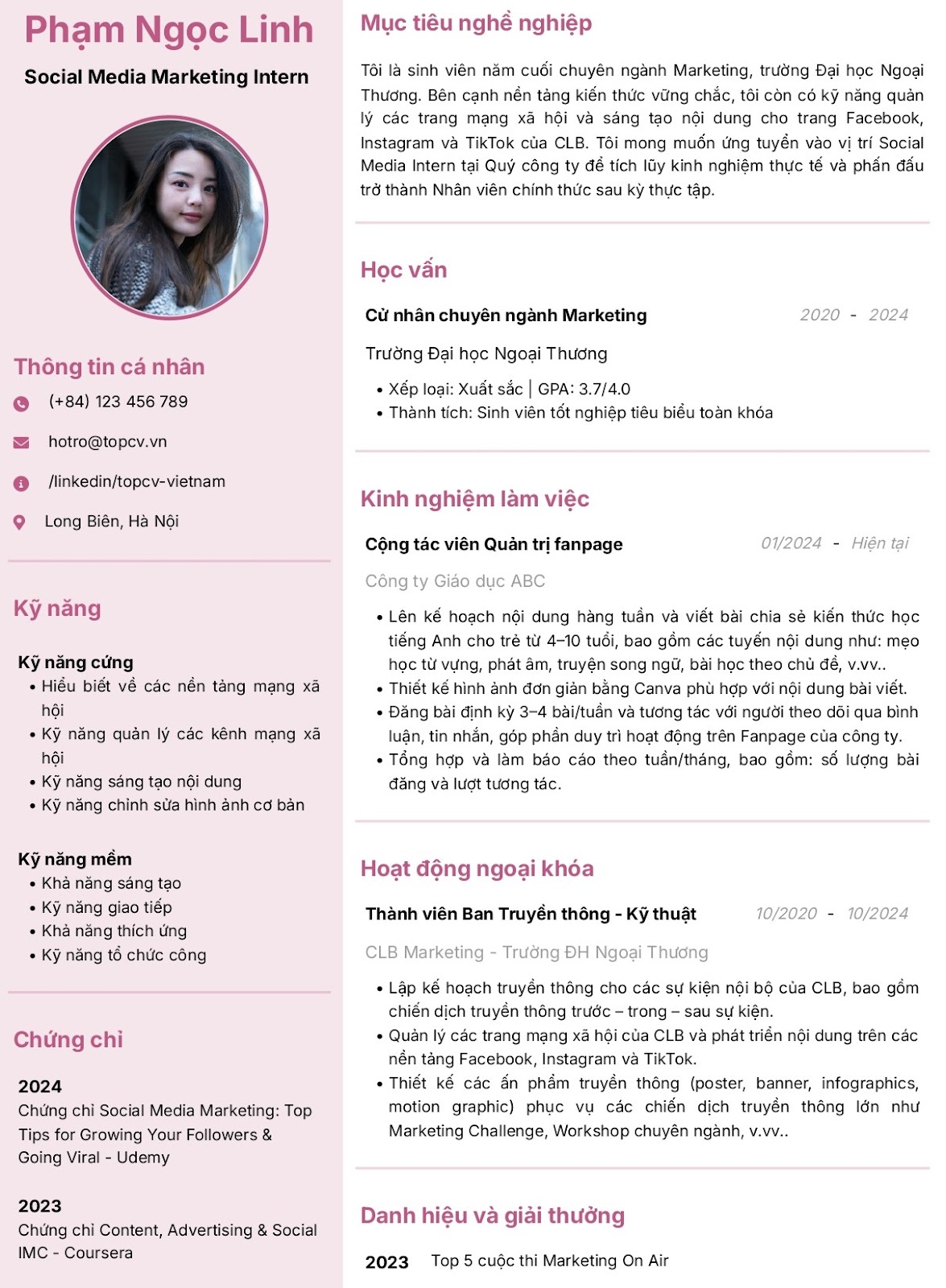 Mẫu CV Social Media Marketing cho Thực tập sinh