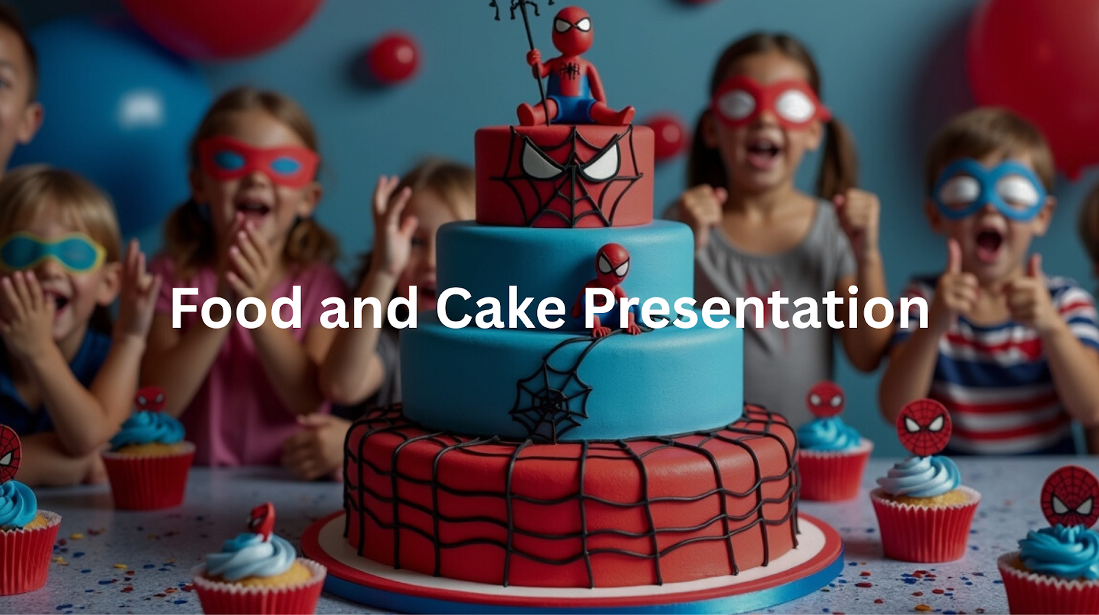 A Spiderman-themed birthday party with a large cake featuring Spiderman decorations, surrounded by excited children in Spiderman-inspired costumes and masks.