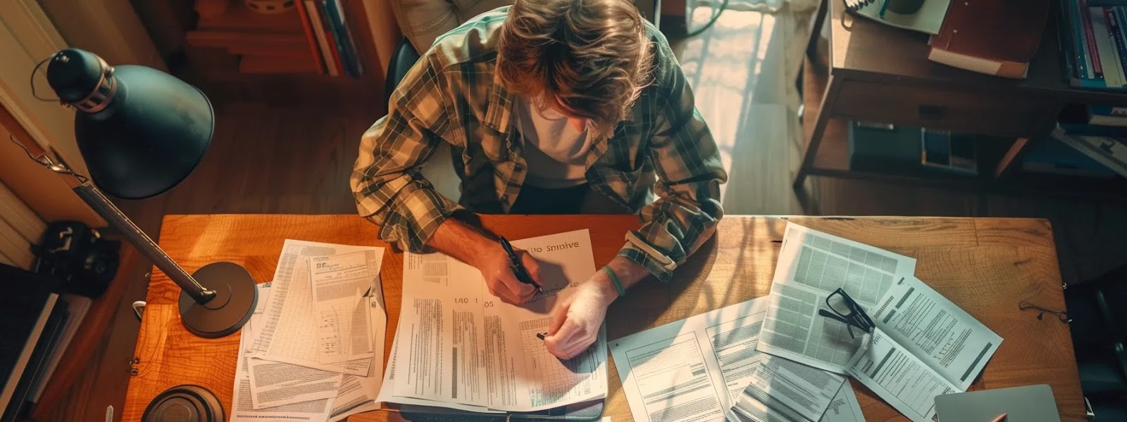 a person carefully filling out an auto insurance application with a focused expression, surrounded by neatly organized personal information sheets on a wooden desk.